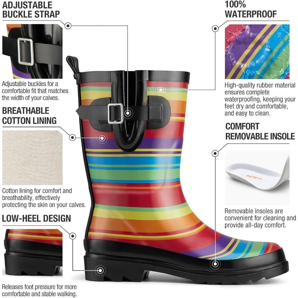 Women's Fashionable Waterproof Garden Mud Rubber Rain Rainbow Stripe Boots - Picture 6 of 9